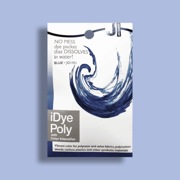 Wit kartonnen verpakking iDye Poly met daarop een abstracte vorm in de kleur van het product, 1451 blue