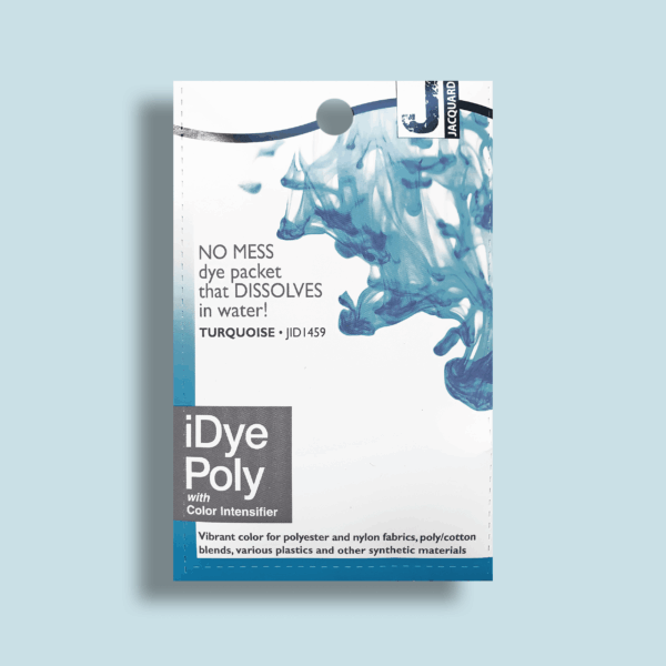 Wit kartonnen verpakking iDye Poly met daarop een abstracte vorm in de kleur van het product, 1459 turquoise