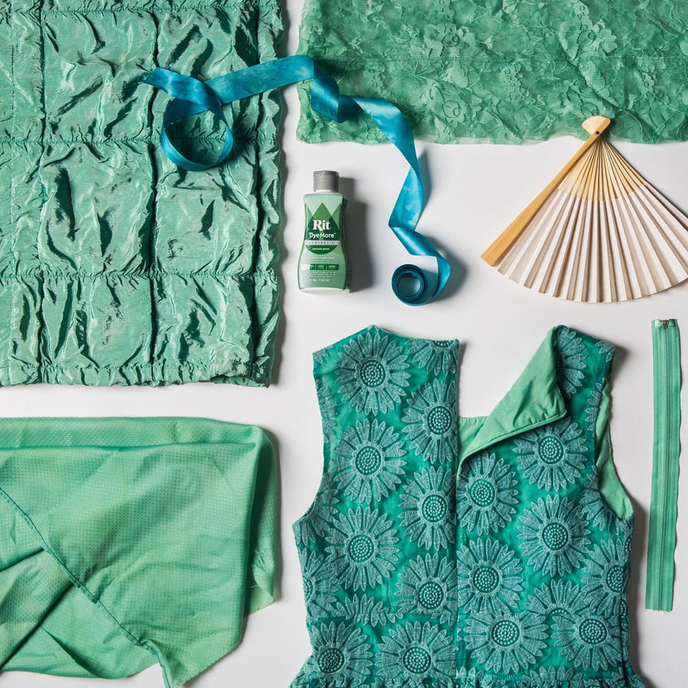 Textiles and accessories dyed with Rit DyeMore Peacock Green