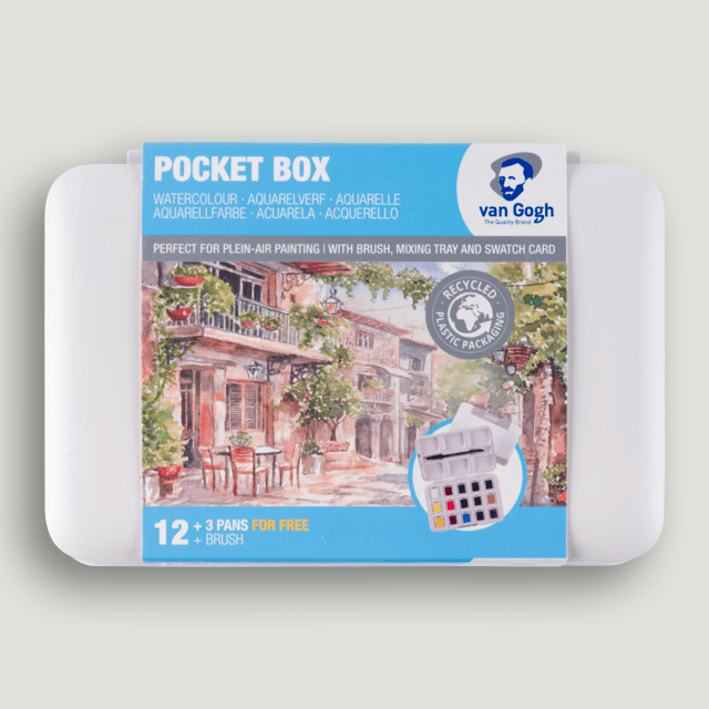 Van Gogh Aquarelverf set Basis Kleuren - 12 kleuren in halve napjes + 3 gratis kleuren - met penseel