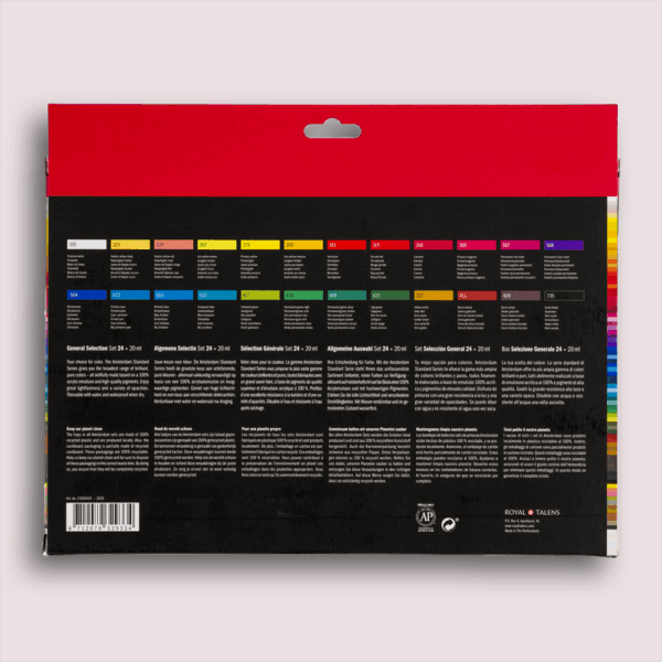 Achterzijde van de Amsterdam Acrylverf General Selection Set 24 x 20 ml met productinformatie en kleurdetails.