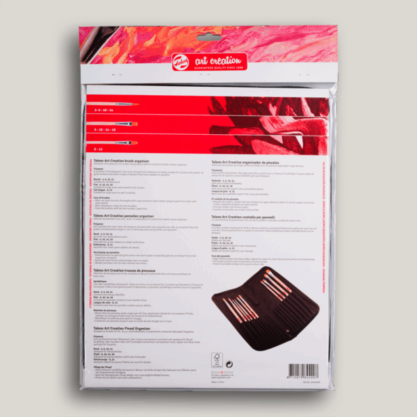 Achterzijde van de Talens Art Creation penseelset van polyester, 10 penselen met etui in verpakking