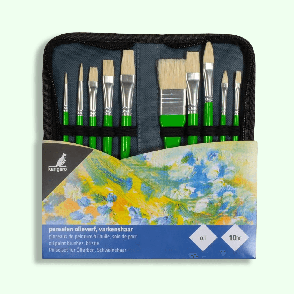 Kangaro Pig Hair Oil Brush Set - 10 Pieces with Canvas Organizer