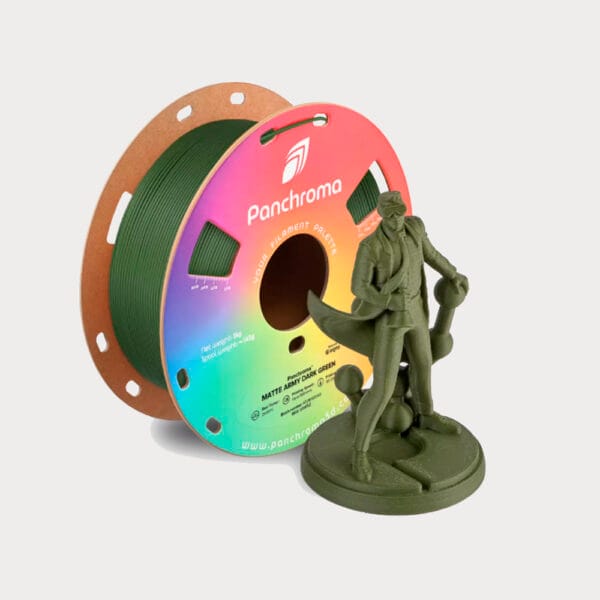 olymaker Panchroma Matte PLA Army Dark Green. 3D Filament op kartonnen spoel met 3D-geprint voorbeeld.