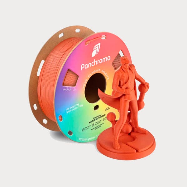 Polymaker Panchroma Matte PLA Muted Red. 3D Filament op kartonnen spoel met 3D-geprint voorbeeld.