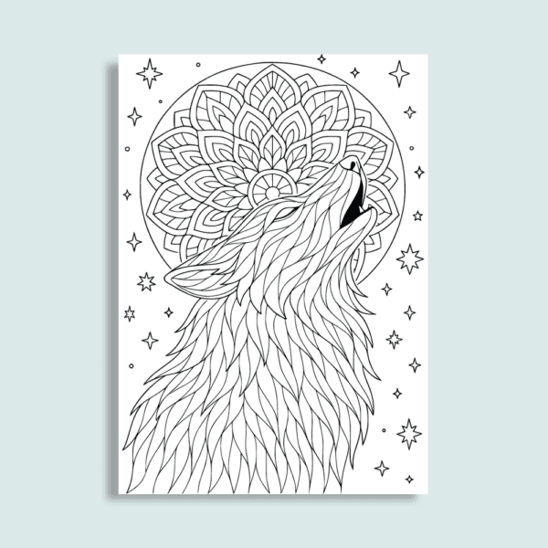 een pagina uit het woodland kleurboek van een wolf bij een mandala maan