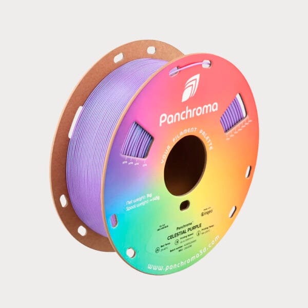 Polymaker Panchroma Celestial Purple PLA filament on an eco-friendly cardboard spool with reinforced edges for AMS compatibility.