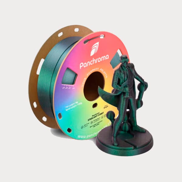Polymaker Panchroma Starlight PLA Comet. 3D Filament op kartonnen spoel met 3D-geprint voorbeeld.