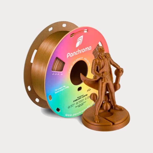 Polymaker Panchroma Starlight PLA Jupiter. 3D Filament op kartonnen spoel met 3D-geprint voorbeeld.